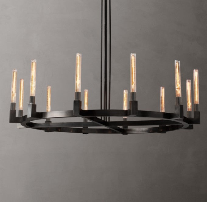Cannele Round Brass and Ribbed Glass Chandelier