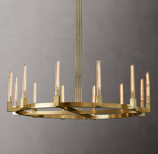 Cannele Round Brass and Ribbed Glass Chandelier