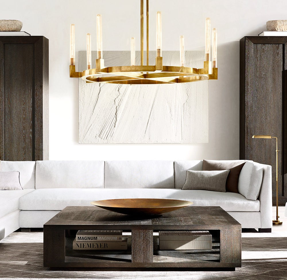 Cannele Round Brass and Ribbed Glass Chandelier