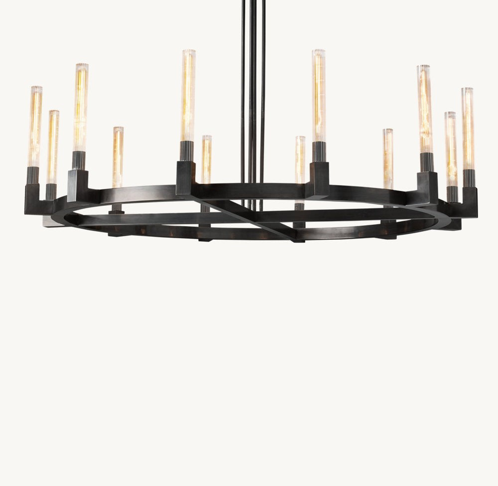 Cannele Round Brass and Ribbed Glass Chandelier