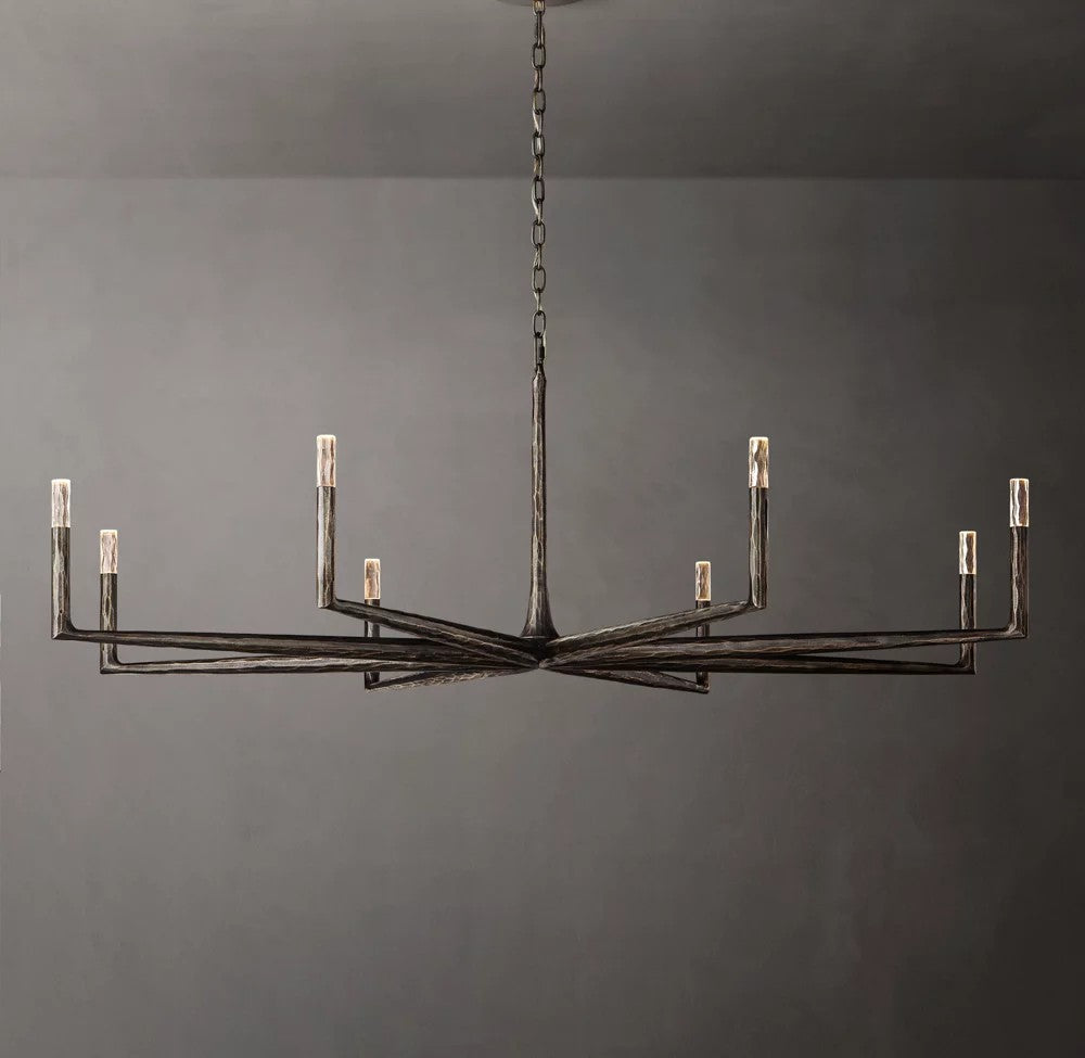 Thaddeus Forged Metal and Cast Glass Round Chandelier